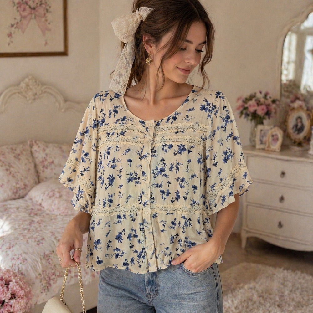 Coquette Floral Lace Blouse Size 1 Torrid Ivory Blue Peplum Romantic Cottagecore